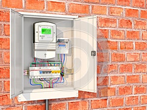 Electric meter with circuit breakers in a metal box.