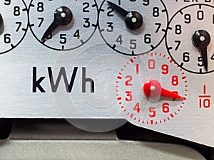 Electric meter close-up of kWh symbol and measuring dials.