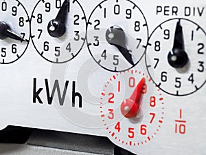 Electric meter dial close-up, focus on KWH symbol.