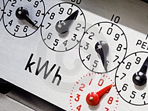 Electric meter dial close-up, focus on KWH symbol.