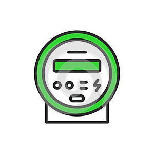 Electric meter, in line design, green. Electric, Meter, Measurement, Utility, Consumption, Power on white background photo