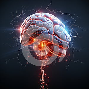 Electric Mind. Brains Lightning Flashes, Cognitive Activity on Dark Background.