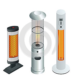 Electric Modern Long-Wave Infrared Patio Heaters and Gas Patio Heater. Isometric Best Patio Heaters for Your Garden photo