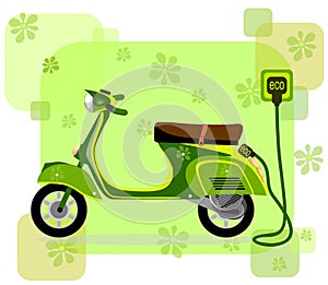 Electric moped, charging via cable ,vector photo