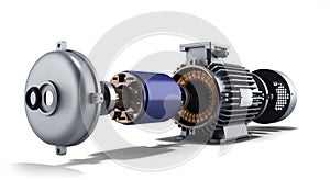 Electric motor in disassembled state 3d illustration on a white