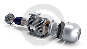 Electric motor in disassembled state 3d illustration on a white