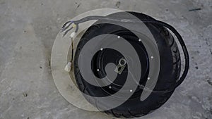 Electric motorbike wheels Placed on the cement floor