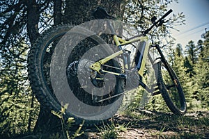 Electric mountain bike parked against a tree