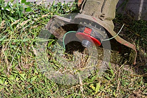 An electric mower on the grass.