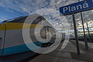 Electric multiple unit train in Plana u Marianskych Lazni station in evening