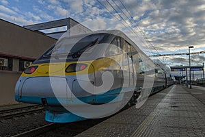 Electric multiple unit train in Plana u Marianskych Lazni station in evening