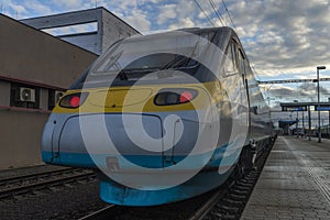 Electric multiple unit train in Plana u Marianskych Lazni station in evening