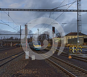 Electric multiple unit train in Plana u Marianskych Lazni station in evening