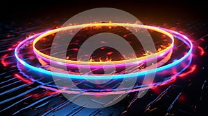 Electric neon circle light wave line on ground