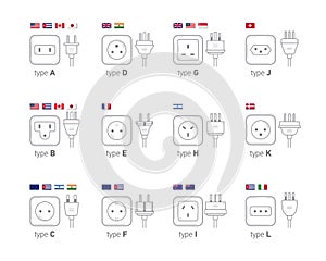 Electric outlet illustration. Different type power socket set, icon illustration for different country plugs.