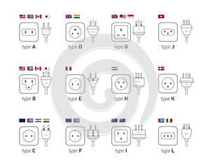 Electric outlet illustration. Different type power socket set, icon illustration for different country plugs. photo