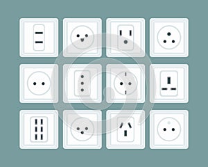 electric outlet set. 12 connectors for power. American, European, Japanese devices for energy, adapters to insert cable, tv wire