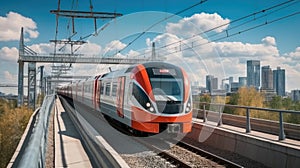 Electric passenger train drives at speed among urban landscape, Travel transportation concept