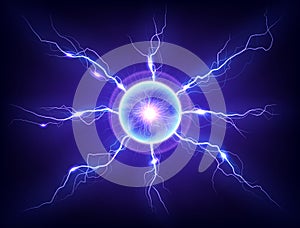 Electric plasma lightning thunderball discharge on dark background