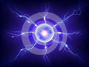 Electric plasma lightning thunderball discharge on transparent background.