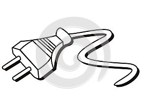 Electric plug, cable, black and white vector illustration