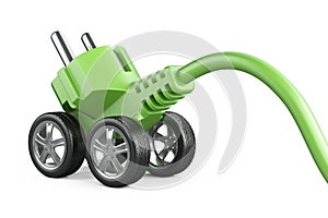 Electric plug on a car wheels. Green power concept. Energy for m