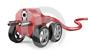 Electric plug on a car wheels. Red power concept.
