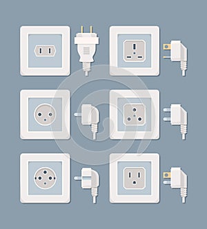 Electric plug. Electricity collection american and european plugged wall socket vector flat pictures