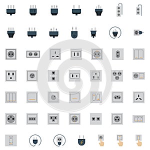 Electric plug and socket set vector icon set color isolated on white background