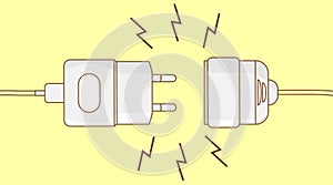 Electric plug. Vector flat outline illustration. Concept background plug and socket unplugged with lightning