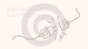 Electric plug. Vector flat outline illustration. Concept background plug and socket unplugged with lightning. Template for website