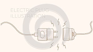 Electric plug. Vector flat outline illustration. Concept background plug and socket unplugged with lightning. Template for website