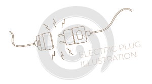 Electric plug. Vector flat outline illustration. Concept background plug and socket unplugged with lightning. Template for website