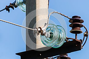 Electric pole against the blue clear sky. Three-phase power line to turn