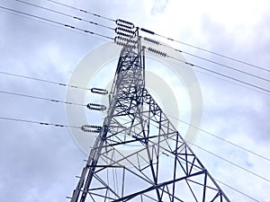 Electric pole with blie sky and white cloud background