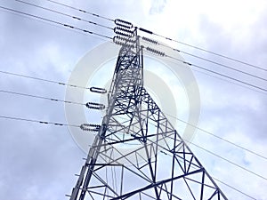 Electric pole with blie sky and white cloud background photo