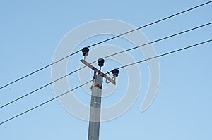 a electric pole with electricity power transmission,close up
