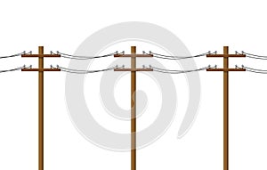 Electric pole isolated on white background. Wood power lines, Electric power transmission. Utility pole Electricity