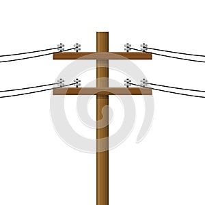 Electric pole isolated on white background. Wood power lines, Electric power transmission. Utility pole Electricity