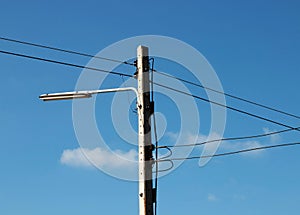 Electric pole with wire over blue sky