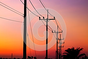 Electric post and sunset color of sky.