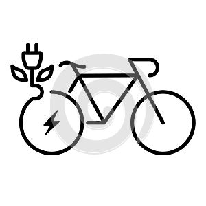 Electric Power Bicycle Line Icon. Green Energy Eco Bike with Leaf Linear Pictogram. Eco Friendly Electricity Sport
