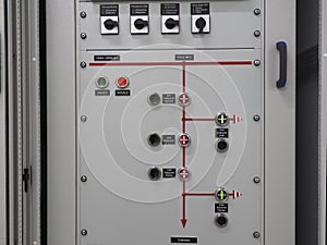 Electric power control panel in the gray cabinet