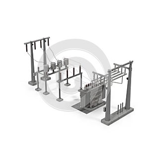 Electric power equipment in a substation on white. 3D illustration