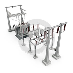 Electric power equipment in a substation on white. 3D illustration