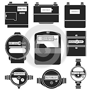Electric power, gas, water meter vector black set icon. Vector illustration counter on white background. Isolated vector