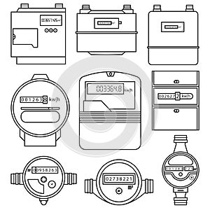 Electric power, gas, water meter vector outline set icon. Vector illustration counter on white background. Isolated