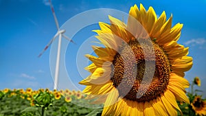 Electric power-generating wind turbines in action on a sunflower field during a sunny and windy day. Renewable energy