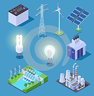 Electric power isometric icons. Energy generator, solar panels and thermal power plant, hydropower station. Electrical