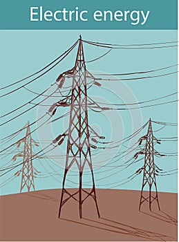 Electric power lines on a blue sky background tower on a background of the blue sky